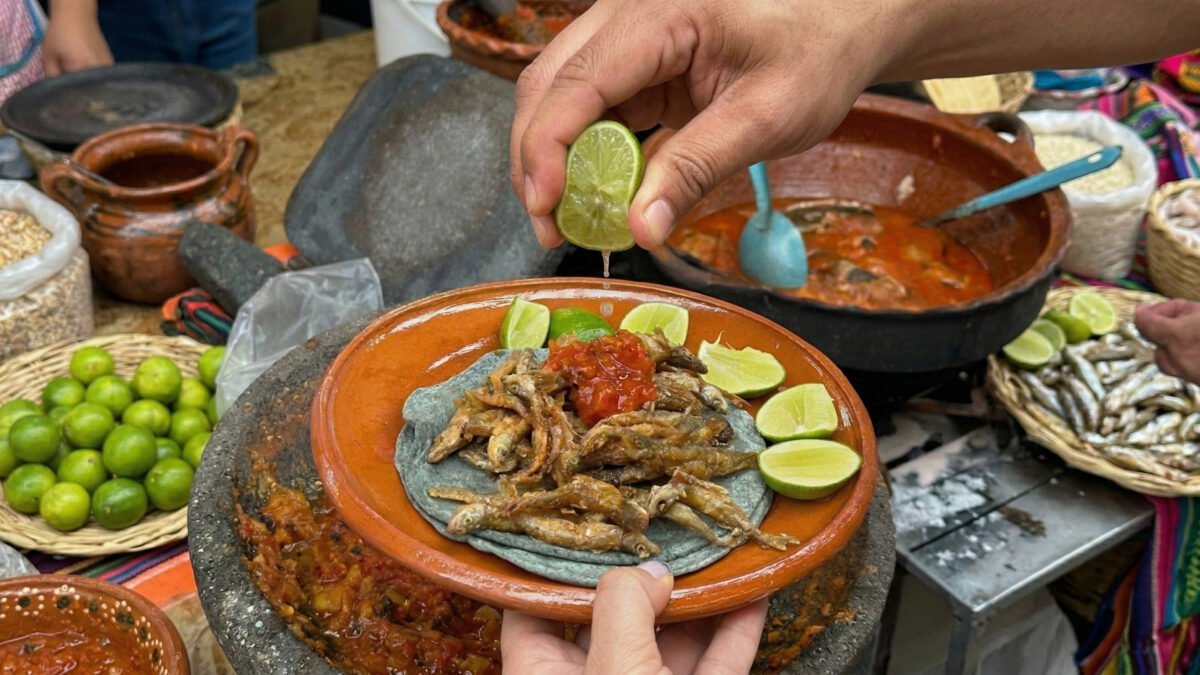 Taco de charales con salsa y limón, imagen del archivo de Experiencia Pátzcuaro